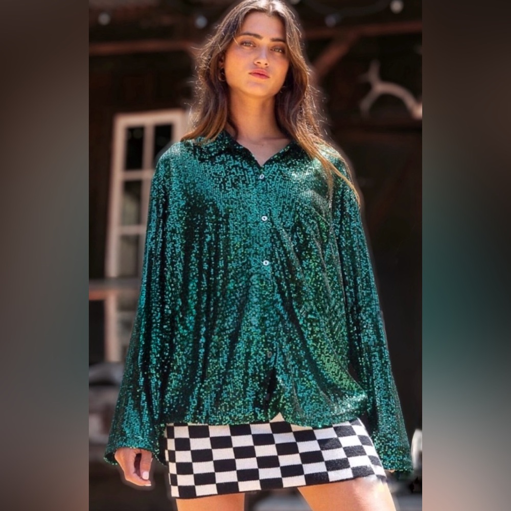 POL Teal Green Sequin Oversized Button Down Shirt